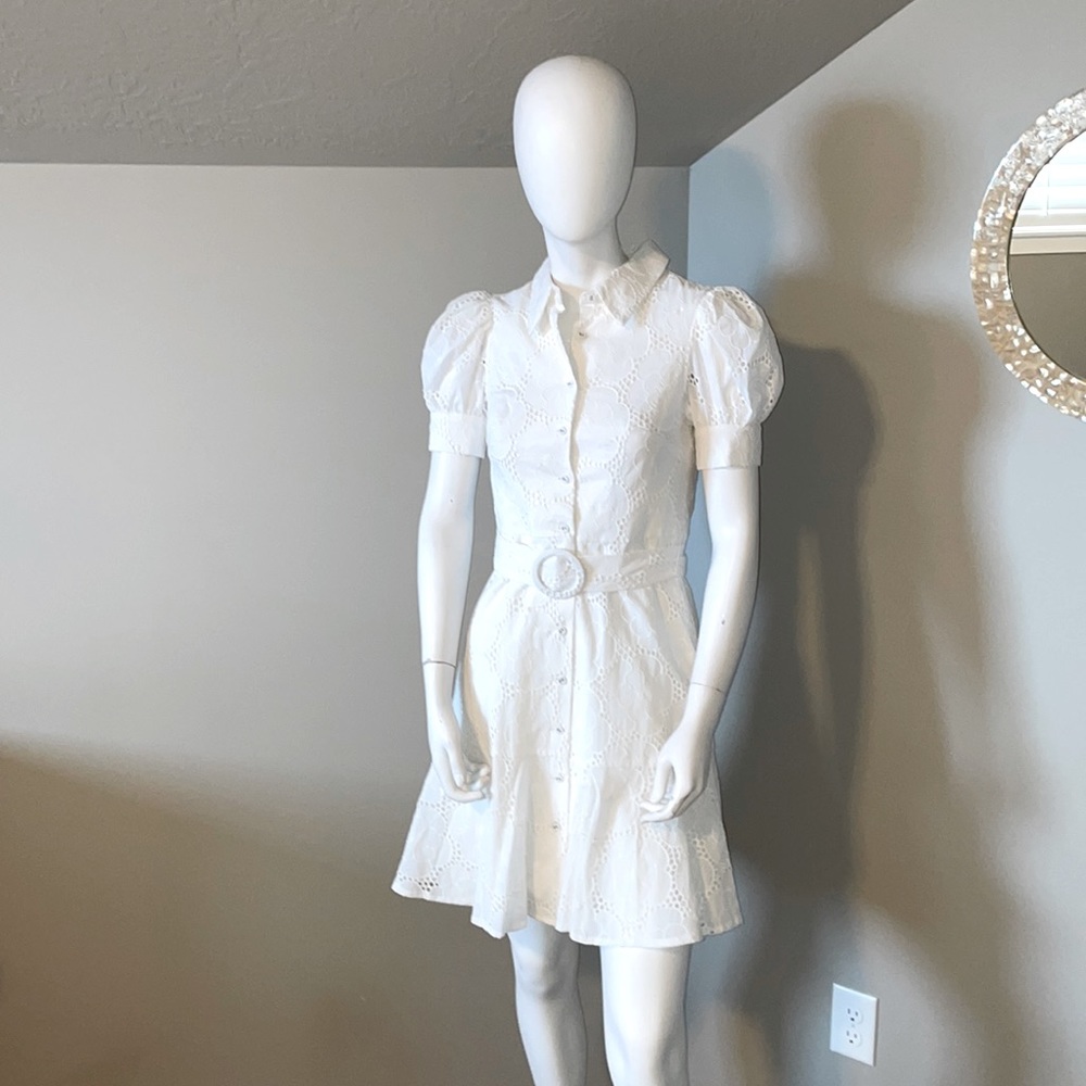 Rachel Parcell white eyelet belted ruffle shirt dress size XS